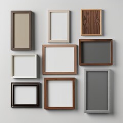 A variety of empty picture frames arranged in a flat lay configuration on a plain backdrop.