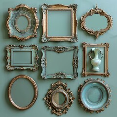 A variety of ornate vintage picture frames displayed on a teal surface, showcasing an array of sizes and styles.