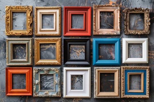 A collection of empty picture frames with various designs and colors is arranged against an artistically painted backdrop.