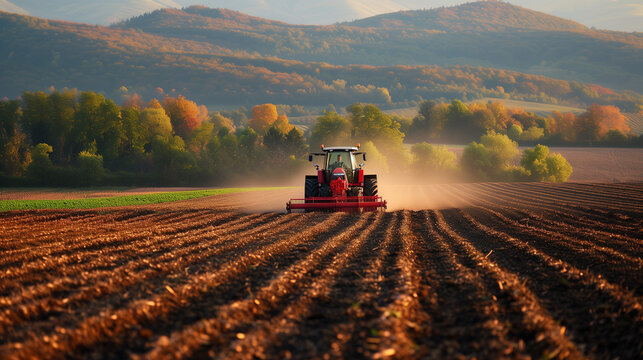 Beautiful Red Big Tractor Parked on the Field in the Shiny Day. Tractor spraying pesticides on rice, vegetables and corn with sprayer at spring. Modern red tractor seeding directly into the stubble. 
