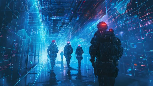 Cyber Law Enforcement: Digital law enforcement officers patrolling a crypto transaction network.