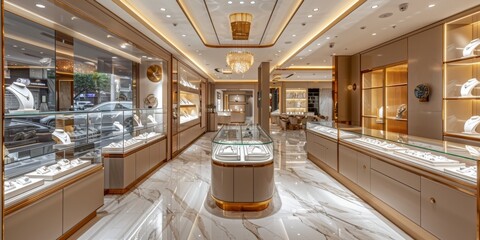 Marble floors and sophisticated glass display cases line the illuminated interior of a high-end jewelry store.