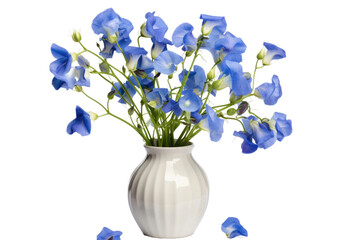 A white vase sits on top of a table, filled with vibrant blue flowers. The flowers stand out against the neutral background, creating a simple yet elegant display in the room.
