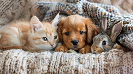 Sweet moment A group of different kitten sleeping on the floor .In soften and selective focus,little cute kitten lop-eared white chihuahua sleeping together on a soft sofa at home