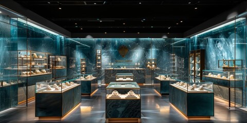 Marble floors and sophisticated glass display cases line the illuminated interior of a high-end jewelry store.