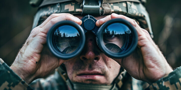 soldier in tactical equipment looks through binoculars
