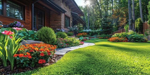 A luxurious suburban home on a sunny summer day, featuring a well-manicured lawn and vibrant flowerbeds.
