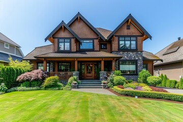 An elegant suburban house boasting a meticulous landscaped garden under the clear blue skies of a pleasant summer day.