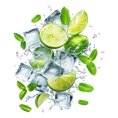 Mint leaves and lime wedges, pieces of ice in sparkling water isolated on transparent png.
