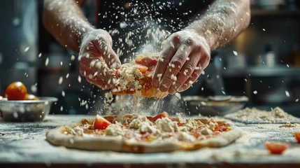 Gordijnen Male hands using flour sprinkles to make pizza dough. Generative Ai © Imran