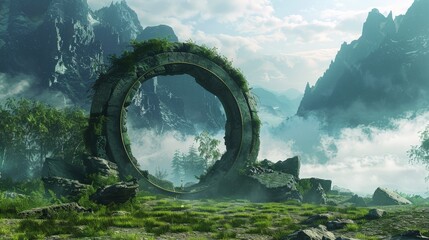 A large, round stone structure sits in a lush green field - obrazy, fototapety, plakaty