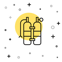 Black line Aqualung icon isolated on white background. Oxygen tank for diver. Diving equipment. Extreme sport. Sport equipment. Random dynamic shapes. Vector