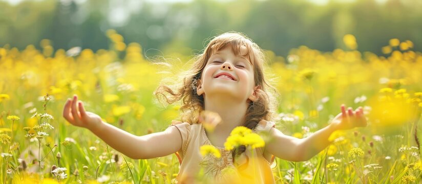 Happy young girl relax child in spring field outdoors. Generated AI image