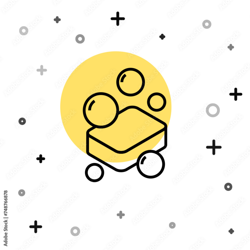 Poster black line bar of soap icon isolated on white background. soap bar with bubbles. random dynamic shap