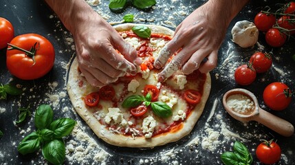 Male hands using flour sprinkles to make pizza dough. Generative Ai - obrazy, fototapety, plakaty
