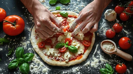  Male hands using flour sprinkles to make pizza dough. Generative Ai © Imran