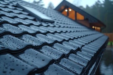 Raindrops glisten on dark tiles of a new roof, with a modern suburban house in the background during rainfall.