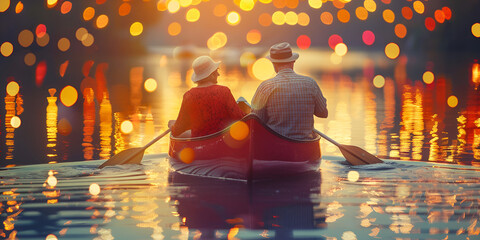 Happy mature couple canoeing in lake. Tourists travel,Happy mature couple canoeing in scenic lake - obrazy, fototapety, plakaty