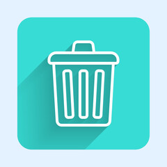 White line Trash can icon isolated with long shadow background. Garbage bin sign. Recycle basket icon. Office trash icon. Green square button. Vector