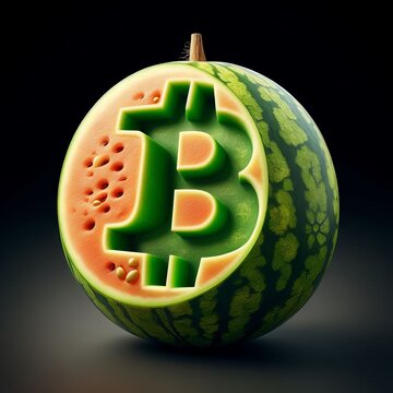 A watermelon is transformed into a unique art piece with the Bitcoin symbol carved into its rind, symbolizing the fusion of nature and digital currency. The vibrant green contrasts with the Bitcoin's