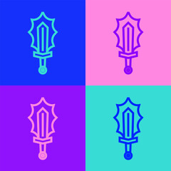 Pop art line Magic sword in fire icon isolated on color background. Fiery sword. Magic weapon of knight, sorcerer, magician. Fire spell. Burning blade. Vector