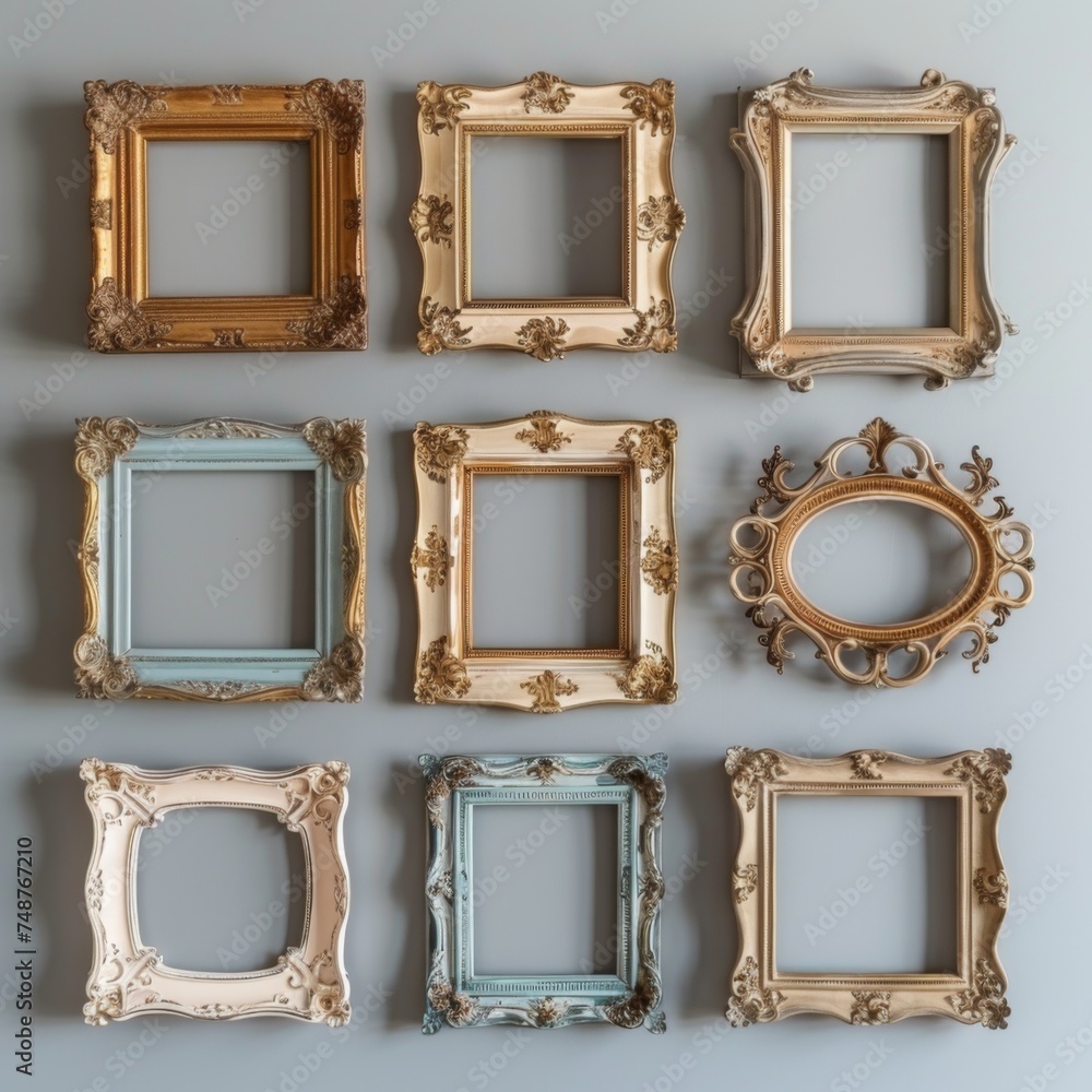 Poster a collection of ornate vintage picture frames in various shapes and sizes displayed on a pale wall, 