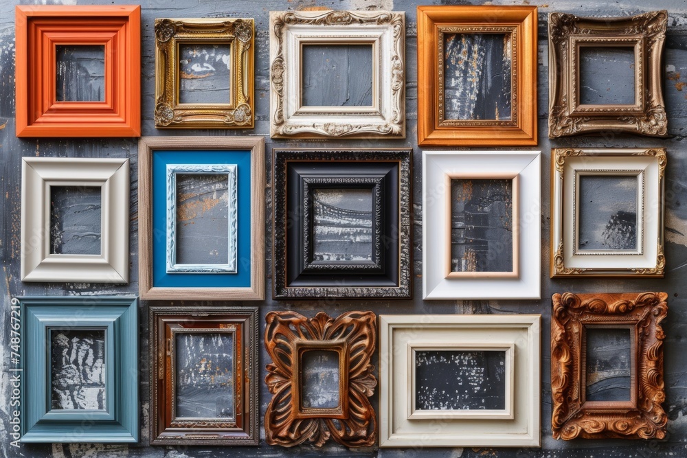 Poster a collection of empty picture frames with various designs and colors is arranged against an artistic