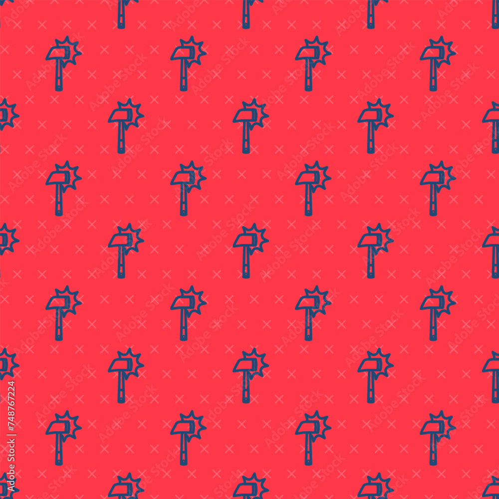 Poster blue line firefighter axe icon isolated seamless pattern on red background. fire axe. vector