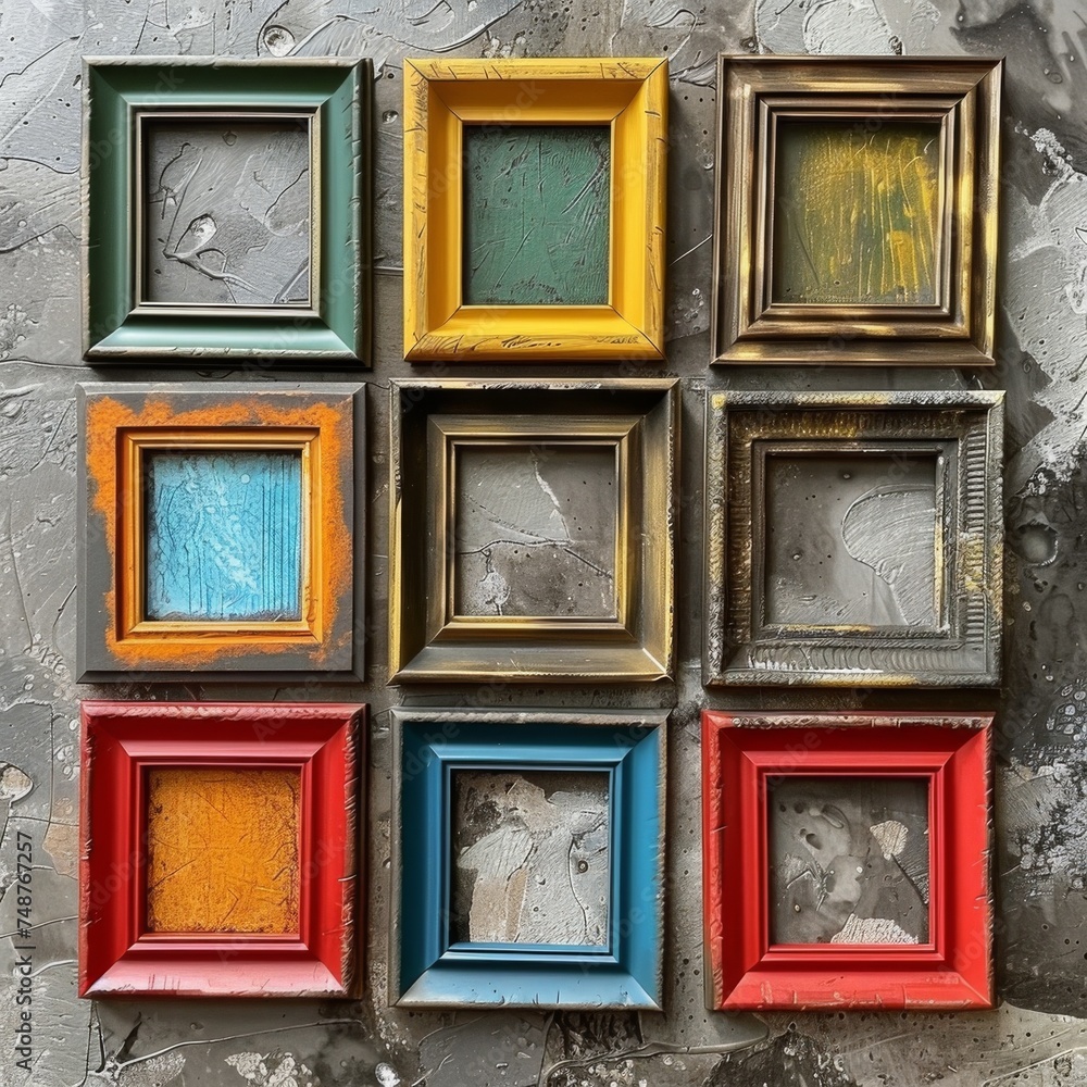 Poster a collection of empty picture frames with various designs and colors is arranged against an artistic