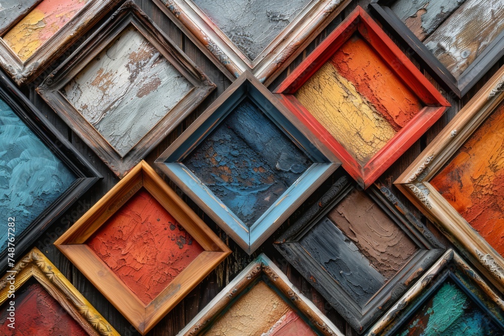 Poster an eclectically arranged collage of various picture frames, each filled with vibrant abstract artwor