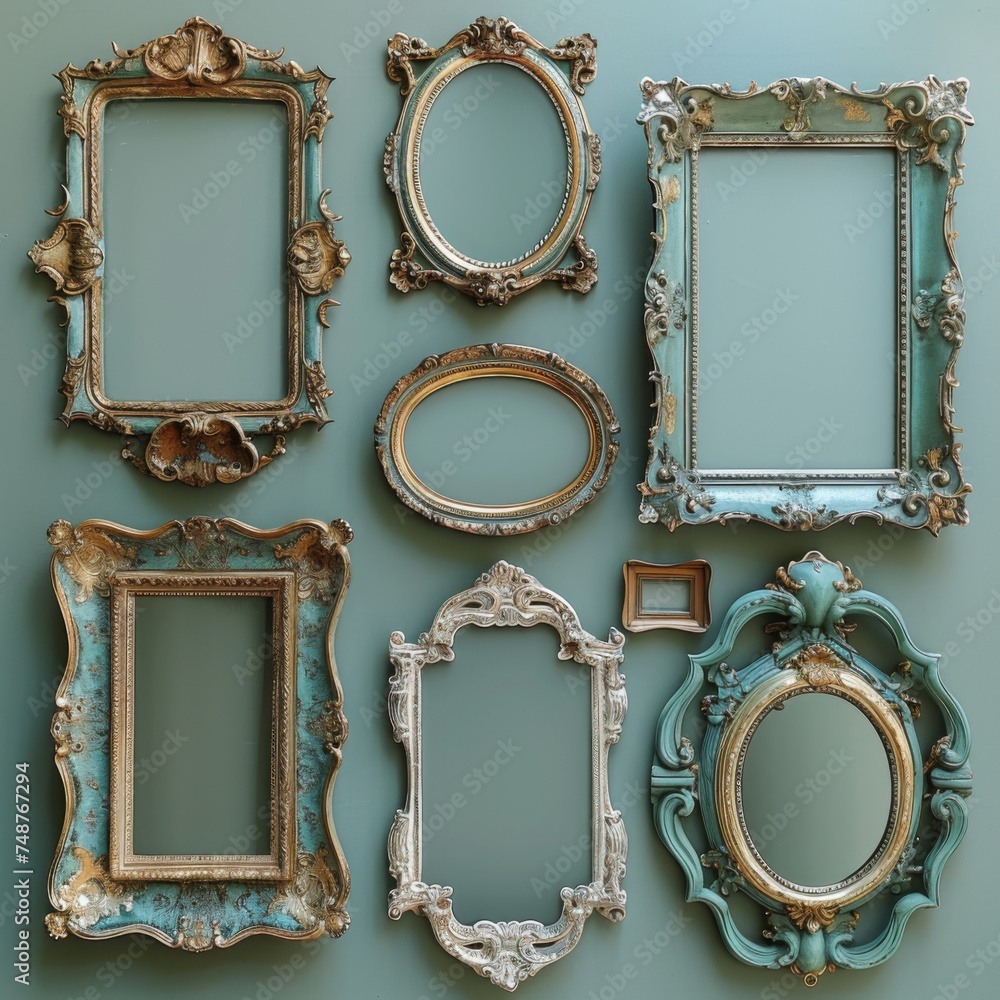 Poster a variety of ornate vintage picture frames displayed on a teal surface, showcasing an array of sizes