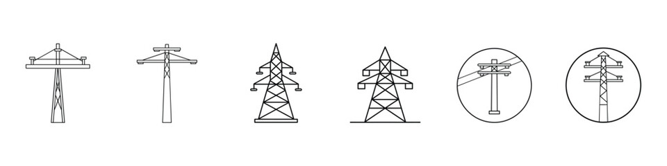 Electricity icon, Set of Electric tower Related Vector Line Icons. Power lines, high voltage power lines icon, Telephone Poles Icon, Electrical tower icon, Electricity pole icon - obrazy, fototapety, plakaty