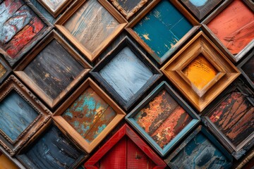 An eclectically arranged collage of various picture frames, each filled with vibrant abstract artwork, creating a visually striking tapestry.