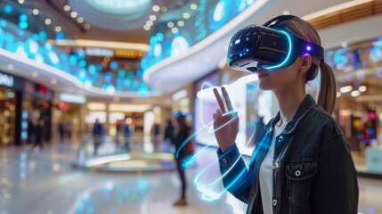 Fototapeta na wymiar A young woman interacts with a virtual reality simulation, gesturing peace with her hand, in a brightly lit shopping mall.