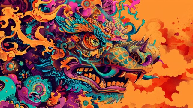 Abstract vibrant colors illustration of Dragon, pop art design background or wallpaper.