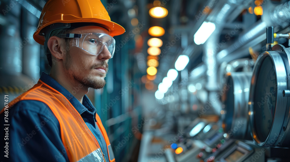 Poster Engineer operator of power plant, operating machine. Generative AI.
