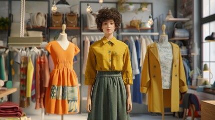 Mannequin with curly hair showcasing vintage fashion in a boutique full of colorful dresses and accessories.