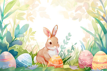 Cute cartoon Easter bunny rabbit frame border on background in watercolor style.