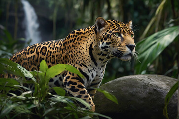 Jaguar with green eyes in the Amazon rainforest.