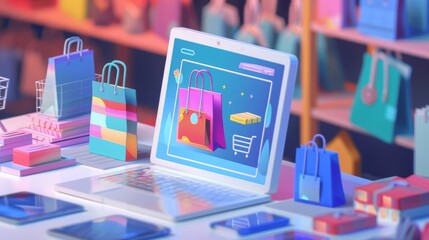 Vivid illustration of online shopping with a laptop screen displaying colorful shopping bags and a cart symbol. - 748767464