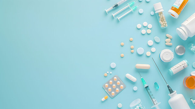 A flat lay showcasing a variety of capsules, pills, and syringes scattered across a calming light blue background, copy space