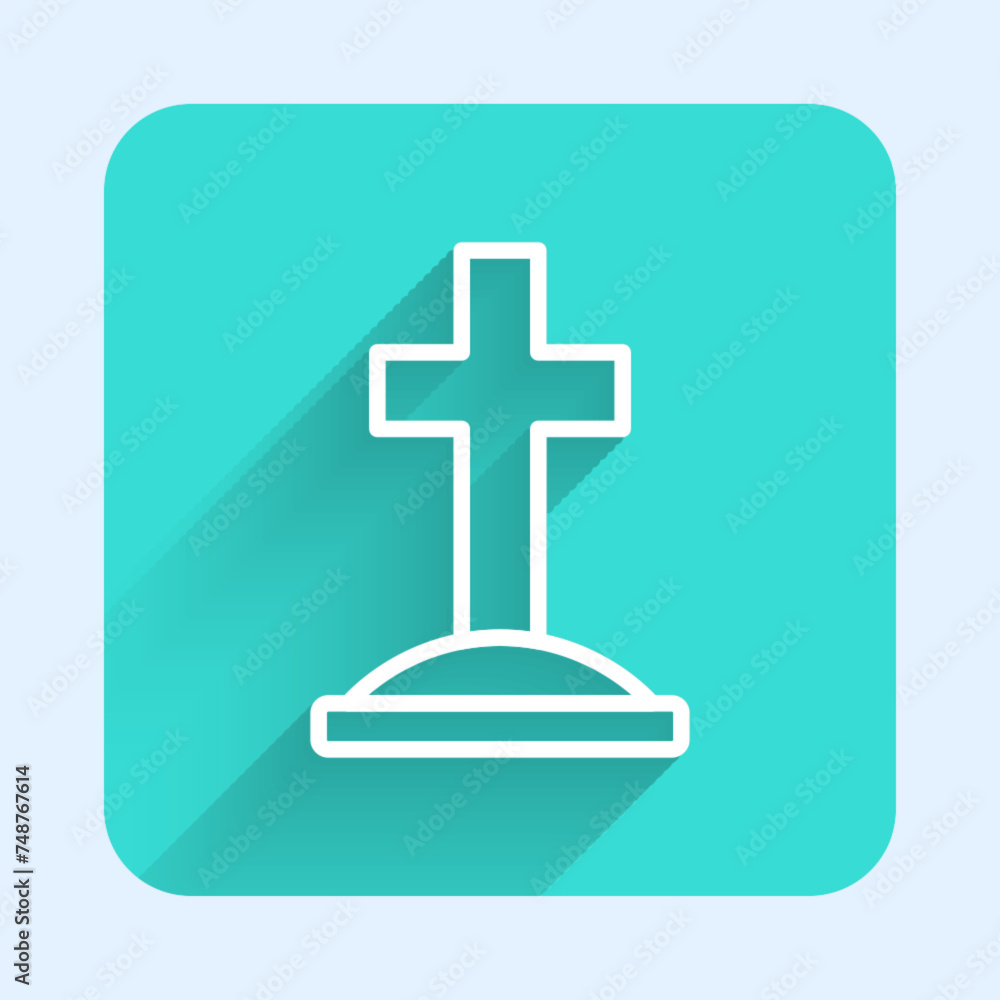 Poster white line grave with cross icon isolated with long shadow background. green square button. vector