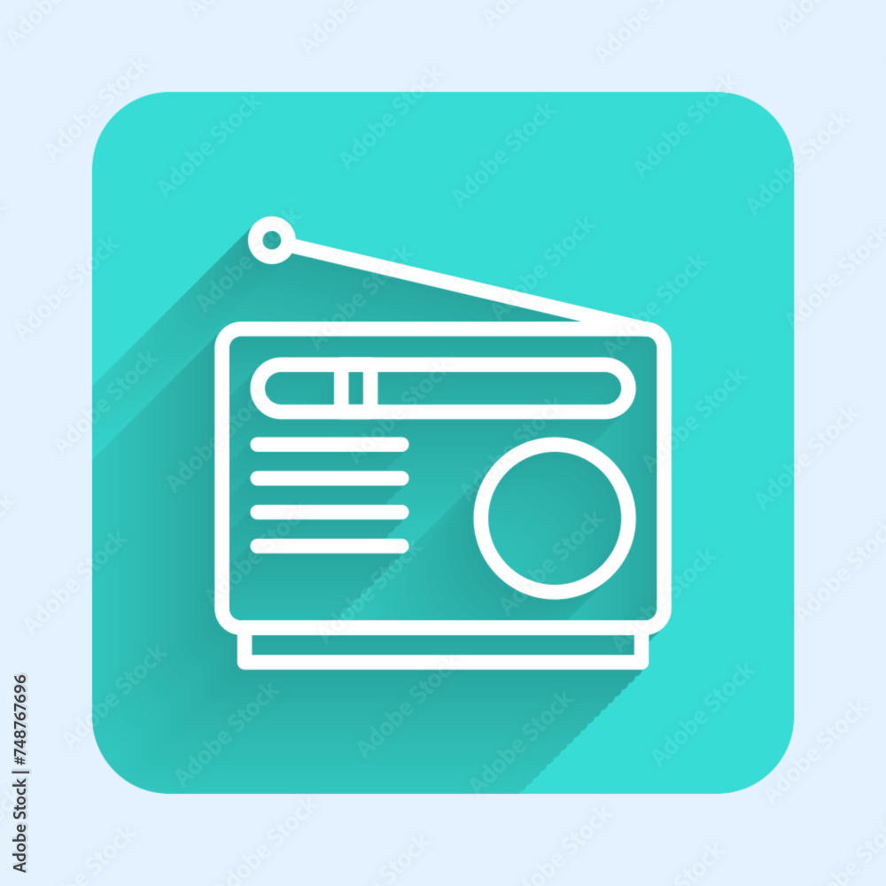 Poster white line radio with antenna icon isolated with long shadow background. green square button. vector