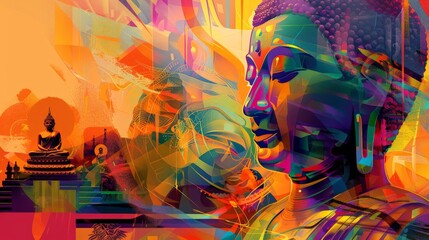 Abstract vibrant colors illustration of Buddha, pop art design background or wallpaper.