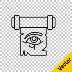 Black line Eye of Horus on papyrus scroll icon isolated on transparent background. Parchment paper. Ancient Egypt symbol. Vector