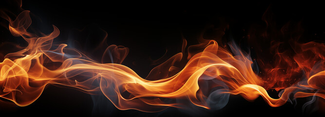 Banner with abstract flames of fire with burning smoke float up black background.