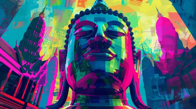 Abstract vibrant colors illustration of Buddha, pop art design background or wallpaper.