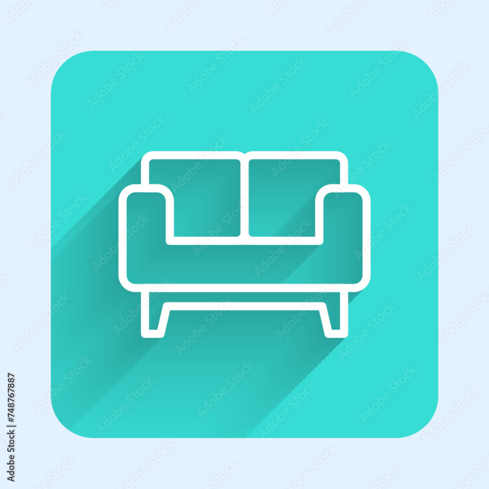 Poster white line sofa icon isolated with long shadow background. green square button. vector