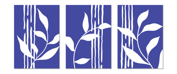 Botanical set of vector designs for decor in blue. Abstract foliage shape for print, wallpaper, clipart, wall art for home decoration.