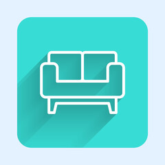 White line Sofa icon isolated with long shadow background. Green square button. Vector